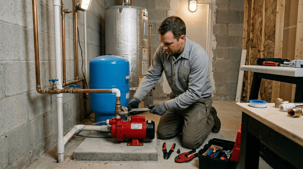Plumber kneeling and tightening pipe fittings on a water pump with tools nearby
