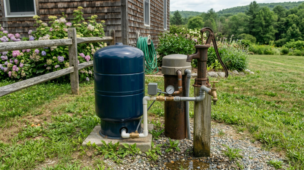 Well water pump system with pressure tank, hand pump, and water gauge outdoors